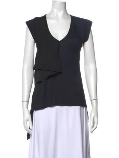 Pre-owned Halston V-neck Short Sleeve Top In Black