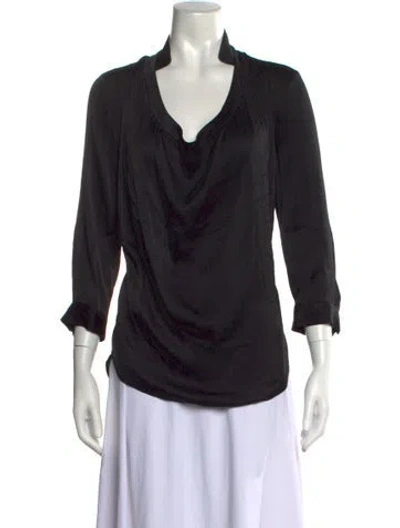 Pre-owned Halston V-neck Three-quarter Sleeve Blouse In Black