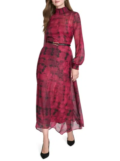 Halston Women's Asymmetric Hem Abstract Belted Maxi Dress In Multi