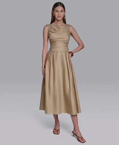 Halston Sleeveless Pleated A-line Dress In Brown