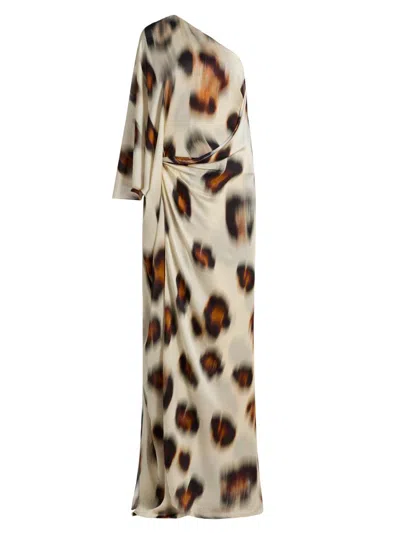 Halston Women's Carmen Jaguar-printed Silk Chiffon One-shoulder Gown In White