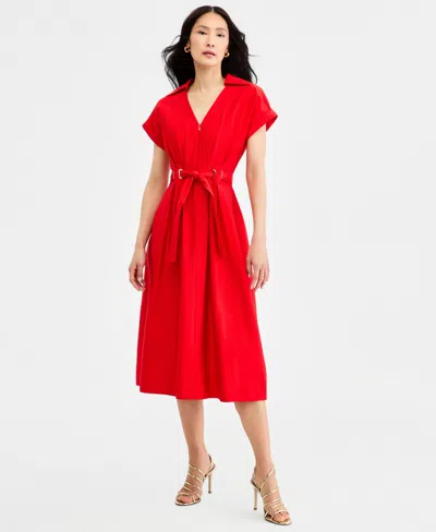 Halston Women's Collared Belted Grommet-waist Midi Dress In Red