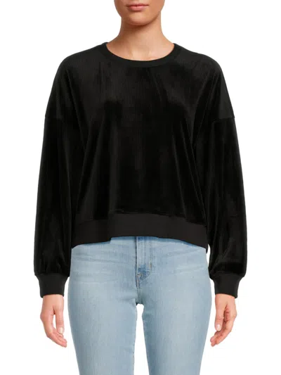 Halston Women's Crewneck Ribbed Velour Sweatshirt In Black