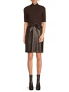 Halston Women's Crinkled Ribbed Faux Leather Belted Sheath Dress In Brown