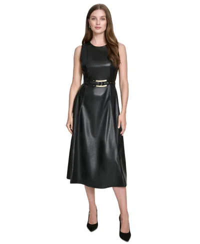 Halston Women's Faux-leather Belted Sleeveless Midi Dress In Black