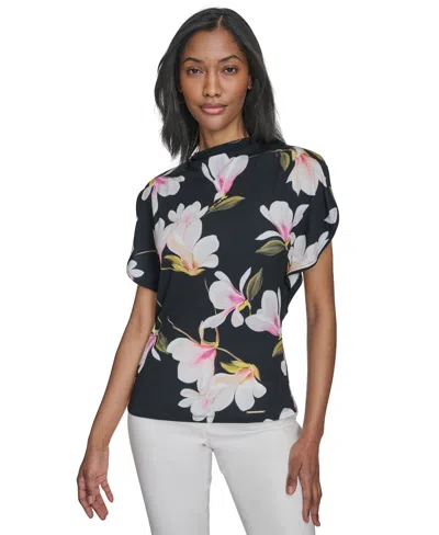 Halston Women's Floral Mock-neck Butterfly-sleeve Top In Black Multi