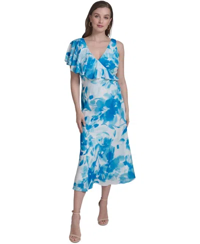 Halston Women's Floral-print Ruffled One-shoulder Dress In Aegean,cream Floral