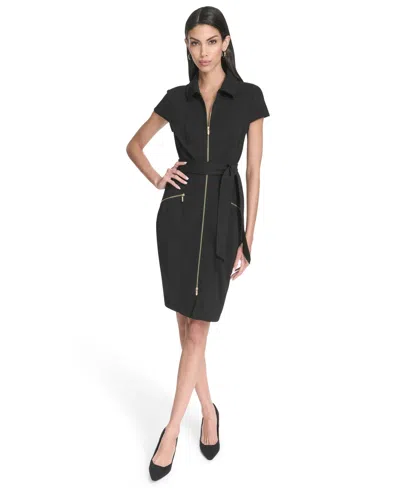 Halston Women's Front Zipper Short Dress In Black