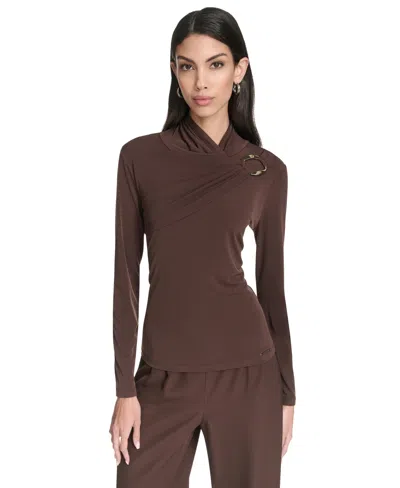 Halston Women's Hardware Matte Long Sleeves Top In Brown