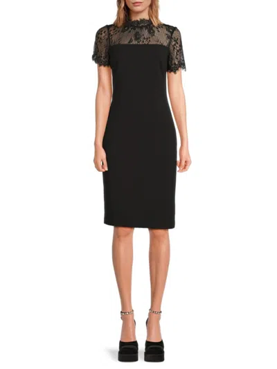 Halston Women's Illusion Neckline Lace-trim Dress In Black