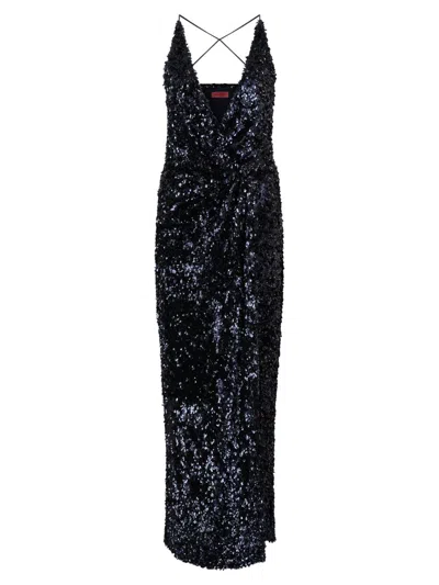 Halston Katri Draped Open-back Sequin Column Gown In Blue