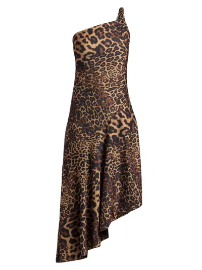 Halston Women's Mavis Leopard Print Asymmetric Satin Midi-dress In Brown