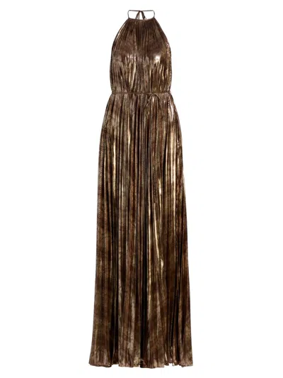 Halston Women's Maxine Metallic Plissé Halter Gown In Brown