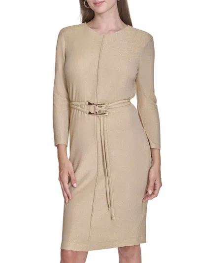 Halston Women's Metallic Belted Jersey Sheath Dress In Brown