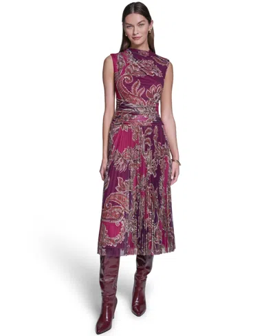 Halston Women's Mock Neck Mesh Midi Dress In Deep Plum,berry Multi