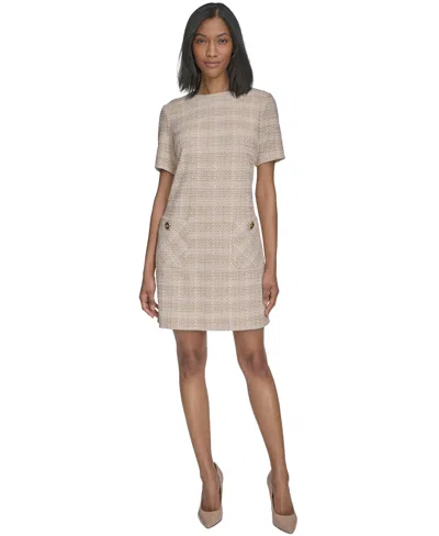 Halston Women's Patch-pocket Short-sleeve Tweed Shift Dress In Stone Multi