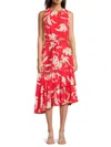 HALSTON WOMEN'S PRINTED ASYMMETRICAL RUFFLE MIDI-DRESS