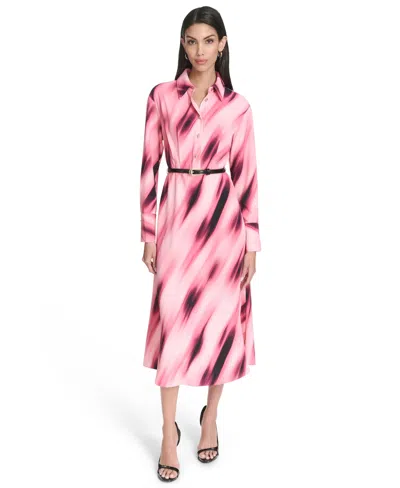Halston Women's Printed Collared Long-sleeve Dress In Pink