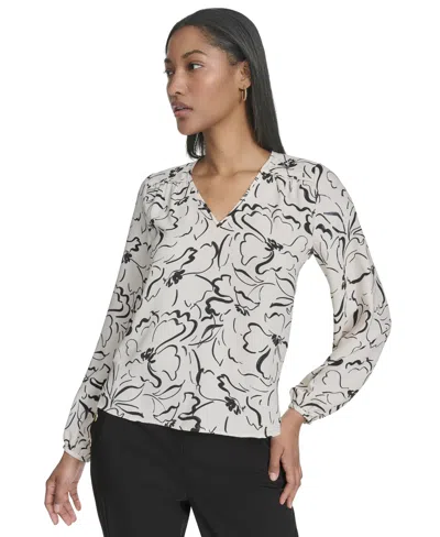 Halston Women's Printed Front-yoke V-neck Blouse In Cream,black