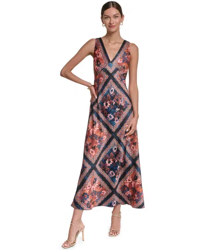 Halston Women's Printed Satin Dress In Deep Navy Scarf Print Multi