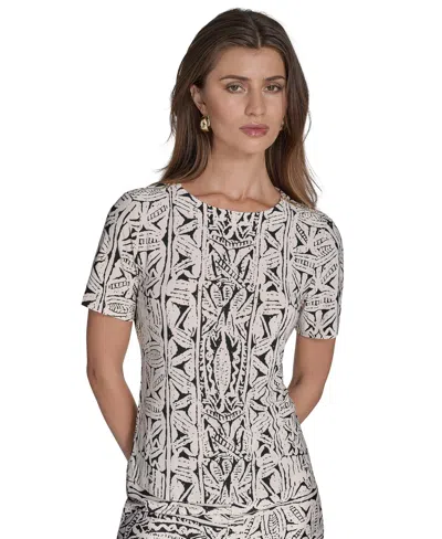 Halston Women's Printed Zipper-shoulder Crewneck Top In Brown