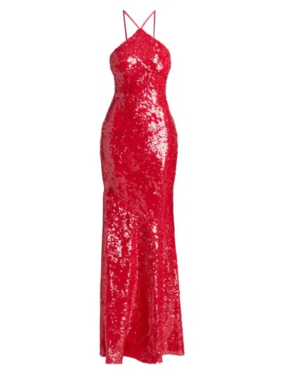 Halston Women's Regine Sequined Halter Gown In Red
