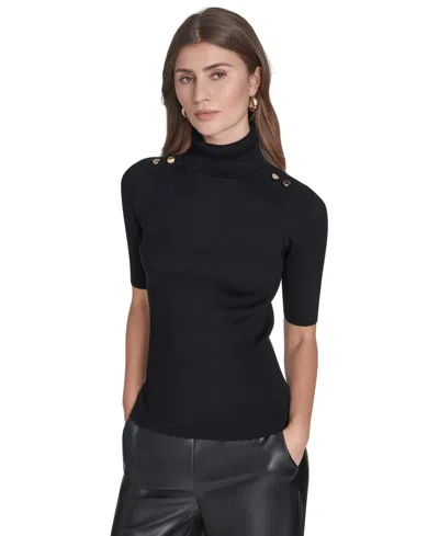 Halston Women's Ribbed 3/4-sleeve Turtle Neck Top In Black
