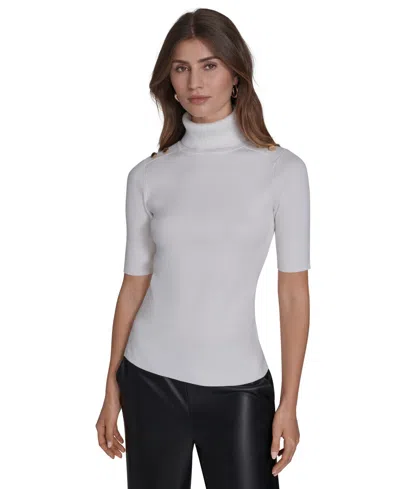 Halston Women's Ribbed 3/4-sleeve Turtle Neck Top In White