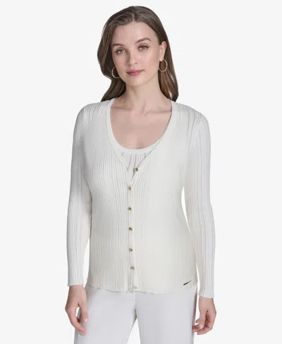 Halston Women's Ribbed Knit Button-front Cardigan In Cream