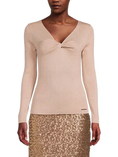 Halston Women's Ribbed Shimmer Twist Front Top In Rose