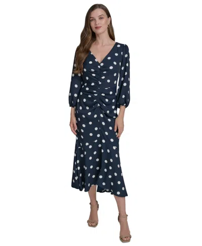 Halston Women's Ruched-front Balloon-sleeve A-line Dress In Marine,cream