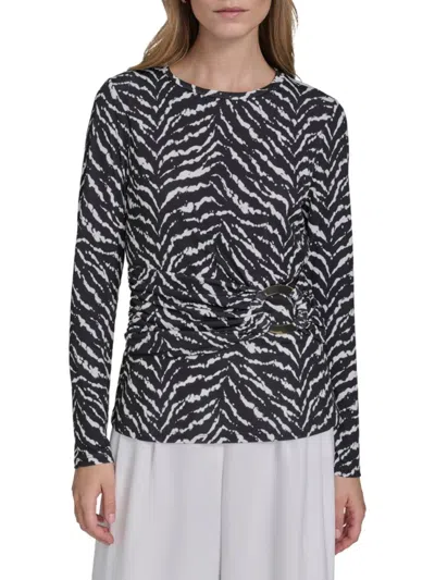 Halston Women's Ruched Zebra Print Top In Black