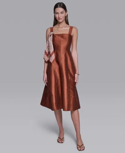 Halston Women's Sleeveless Detachable Scarf Detail Midi Dress In Brown