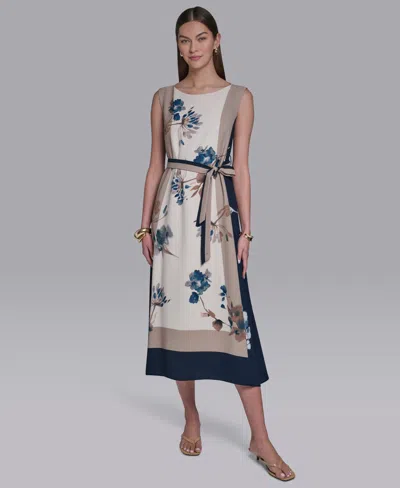 Halston Women's Sleeveless Self Belt Floral Printed Midi Dress In Multi