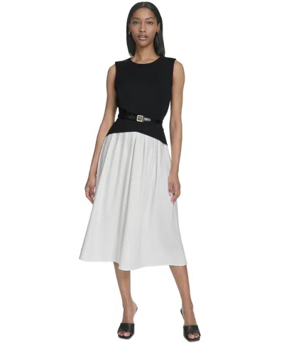Halston Women's Sleeveless Split-color Flared Midi Dress In Black,cream