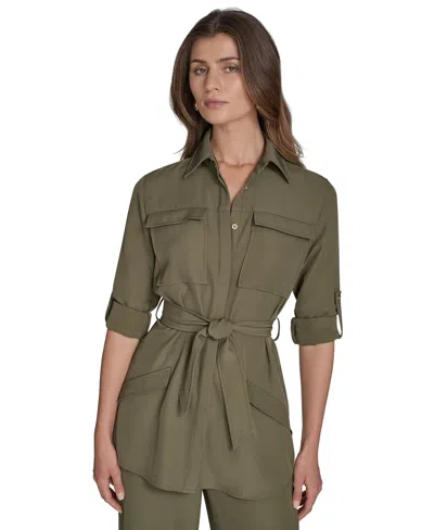Halston Women's Soft Suiting Belted Utility Shirt In Green