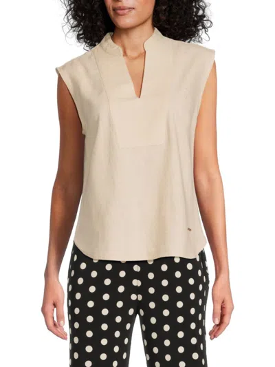 Halston Women's Split Neck Linen-blend Sleeveless Top In Sand