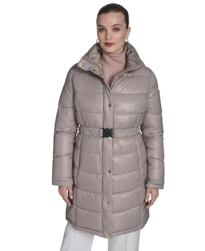 Halston Women's Stand Collar Belted Puffer Coat In Brown