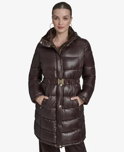Halston Women's Stand Collar Belted Puffer Coat In Brown