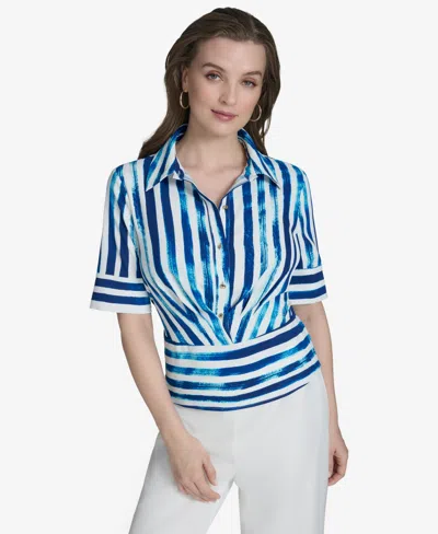 Halston Women's Striped Collared Button-front Shirt In Regent Stripe