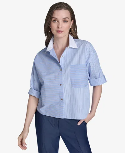 Halston Women's Striped Cotton Roll-tab-sleeve Button-front Shirt In Blue Stripe Multi