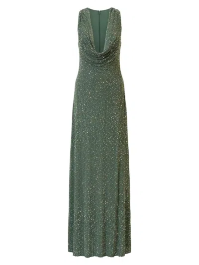 Halston Women's Sunni Crystal Mesh Cowlneck Gown In Green