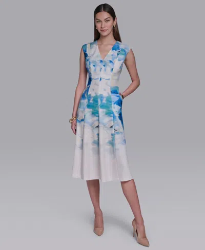 Halston Women's V-neck Cap-sleeve Midi Dress In Blue