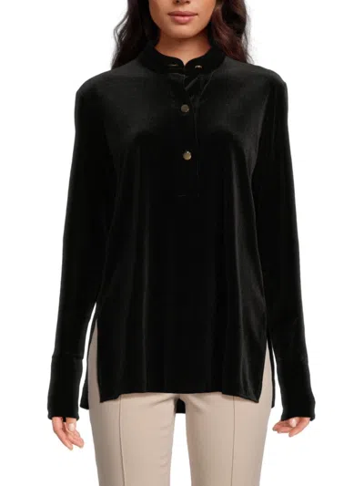 Halston Women's Velvet Mandarin Collar Top In Black