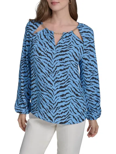 Halston Women's Zebra Print Chained Neck Top In Blue