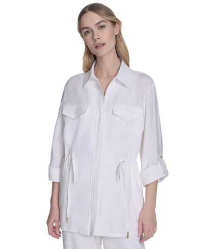 Halston Women's Zip-front Drawcord-waist Collared Top In Cream