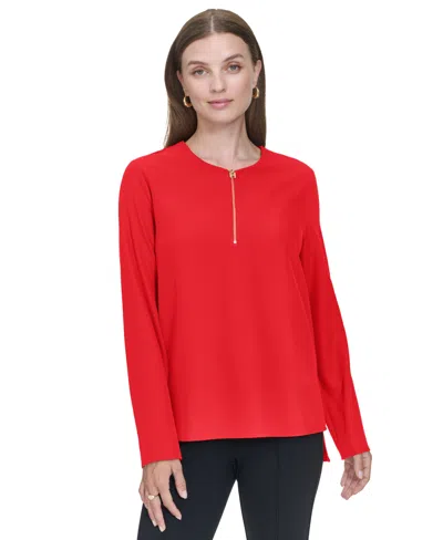 Halston Women's Zip-front Hi-low Side-slit Blouse In Red
