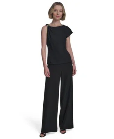 Halston Womens Asymmetric One Shoulder Hardware Top Horsebit Buckle Straight Leg Pants