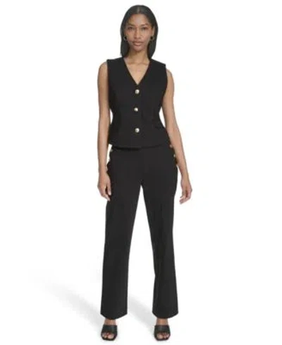 Halston Womens Button Front Vest Button Detail Ankle Pants In Black