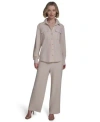 Halston Womens Collared Roll Tab Button Up Shirt Womens Drawstring Pull On Wide Leg Pants